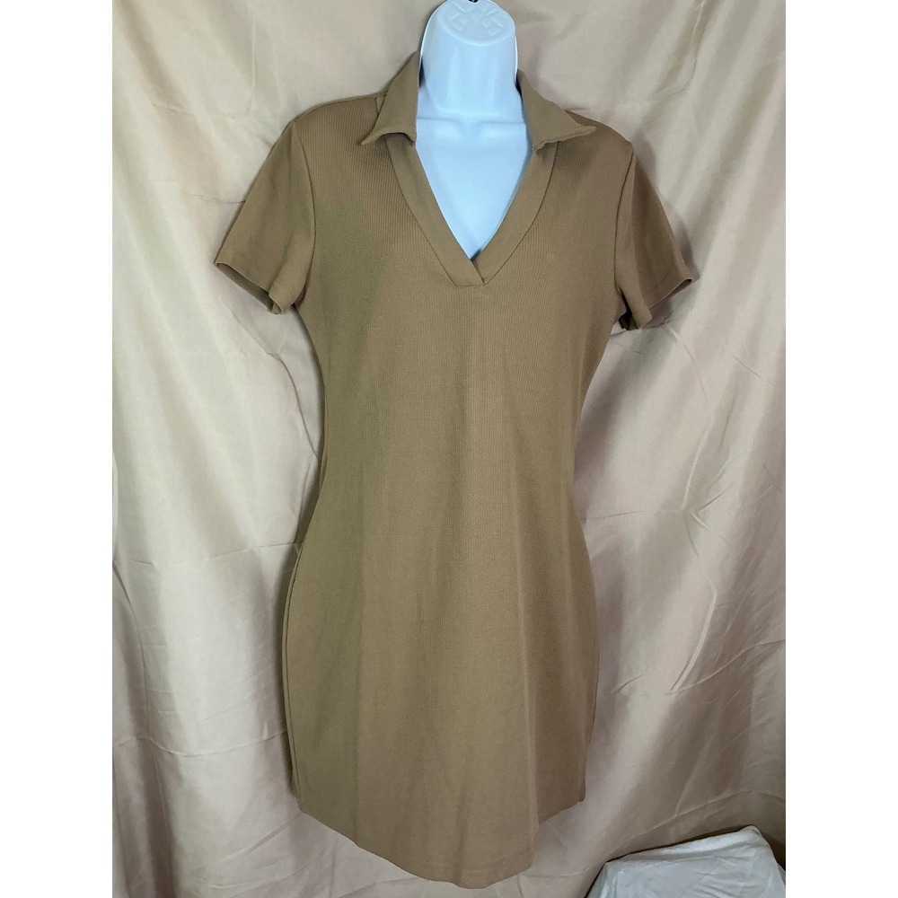 Cider Polo Mini Dress Womens M Khaki Tan Excellent Ribbed V-Neck Short Sleeve